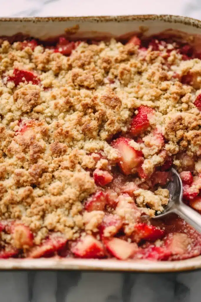 Keto strawberry rhubarb crumble baked in dish with golden topping