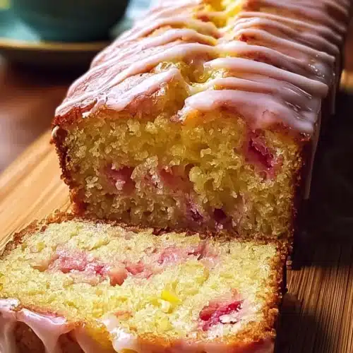 Lemon Rhubarb Loaf with Glaze 3 Lemon rhubarb loaf with glaze sliced on board showing moist texture and pink rhubarb pieces