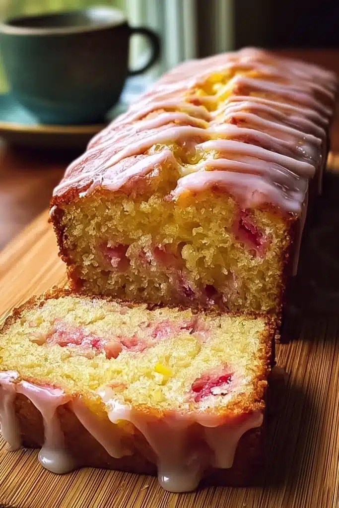 Lemon Rhubarb Loaf with Glaze 1 Lemon rhubarb loaf with glaze sliced on board showing moist texture and pink rhubarb pieces