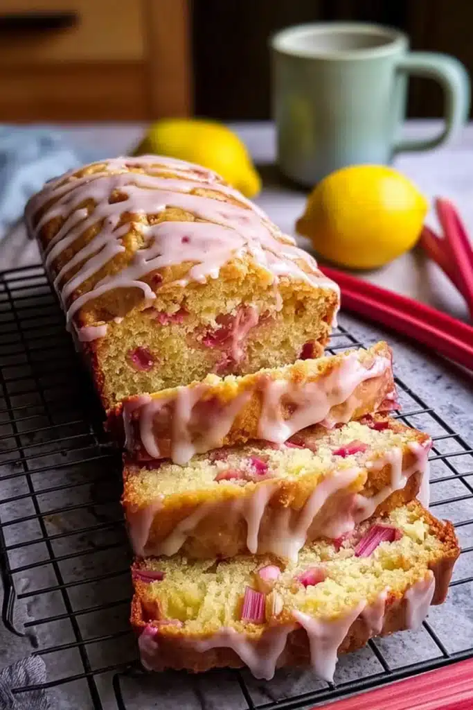 Lemon Rhubarb Loaf with Glaze 2 Lemon rhubarb loaf with glaze sliced on board showing moist texture and pink rhubarb pieces