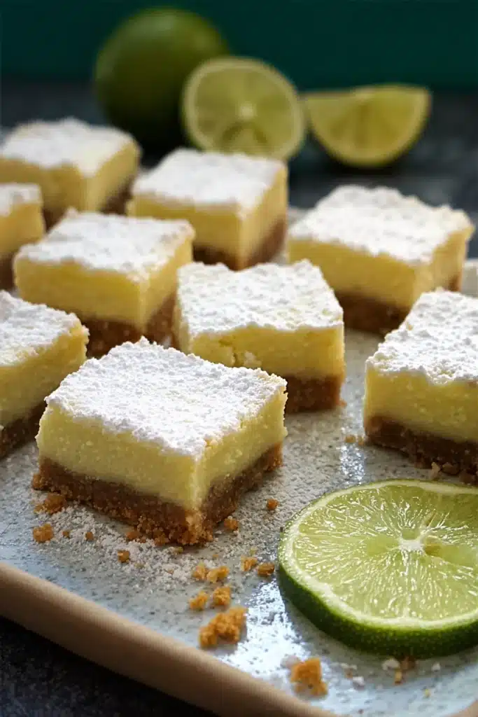 Lime margarita bars with creamy filling and graham crust dusted with powdered sugar