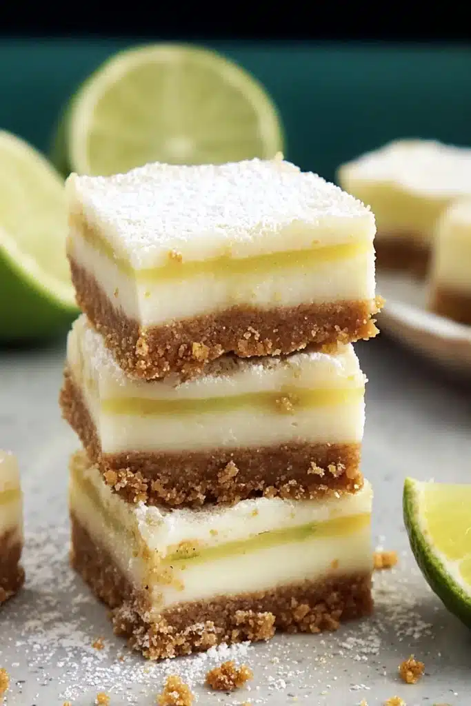 Stacked lime margarita bars with creamy layers and graham cracker crust