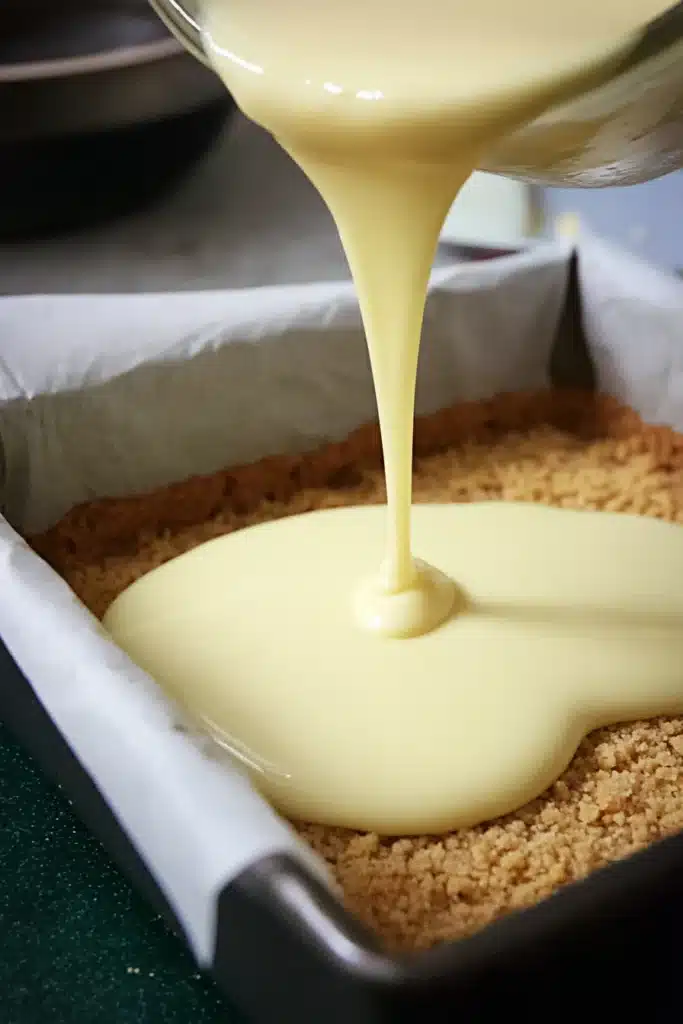 Lime margarita bars filling being poured over graham crust in baking pan