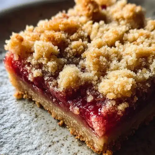 rhubarb crumble bars with golden topping and red fruit filling close up