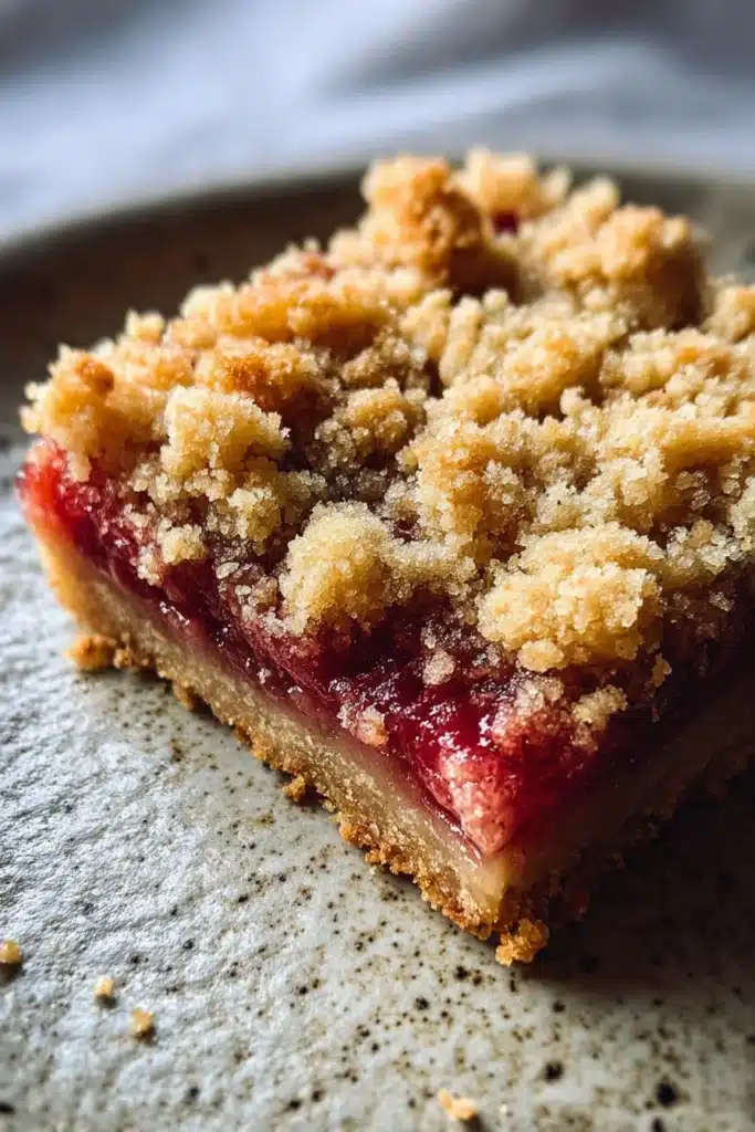 rhubarb crumble bars with golden topping and red fruit filling close up