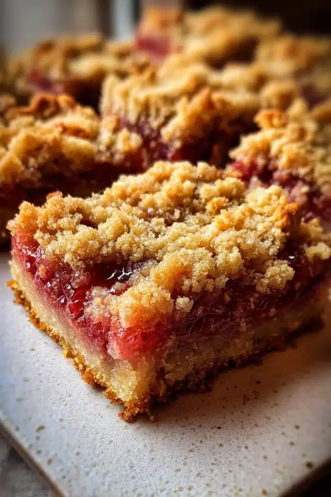 Magical 3 Ingredient Rhubarb Squares with crumb topping and jammy filling
