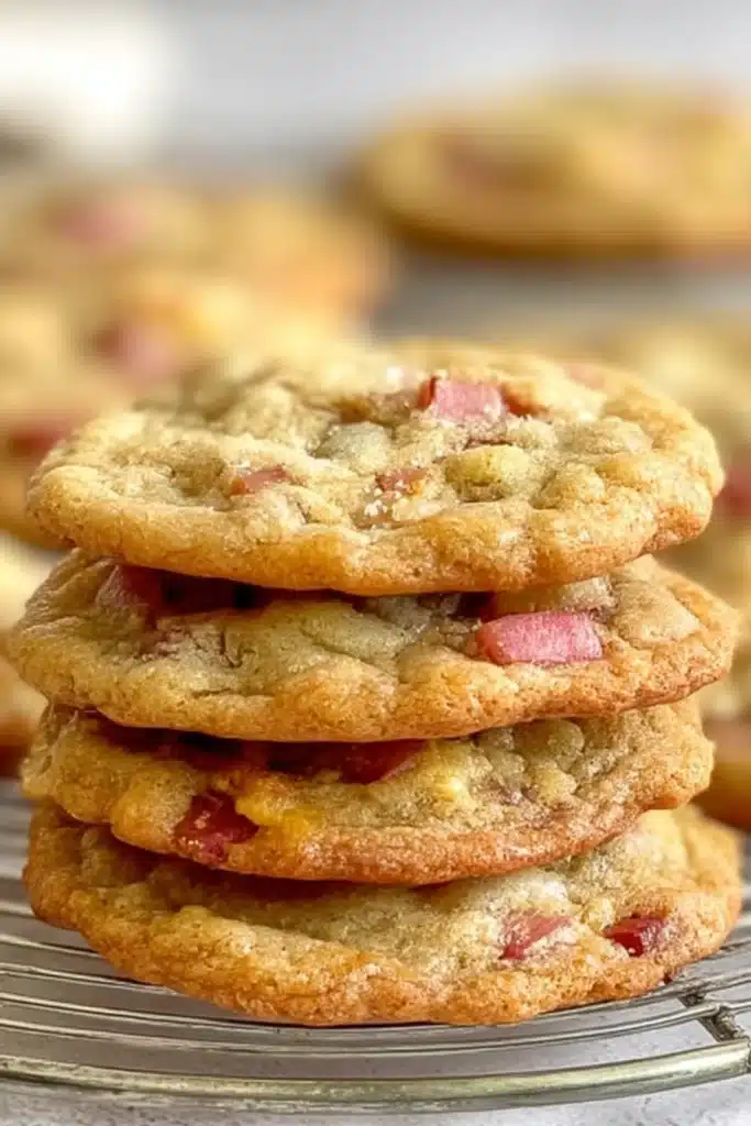 Magical Rhubarb Cookies: A Sweet, Tart, and Irresistibly Soft Treat 2 Magical Rhubarb Cookies stacked on cooling rack with soft centers