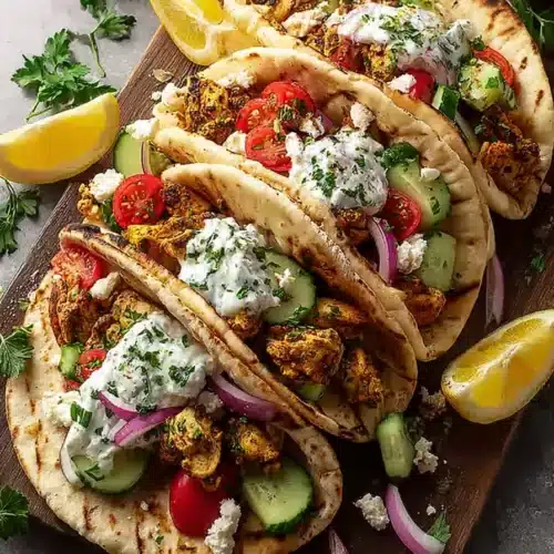 Mediterranean Chicken Tacos Recipe You’ll Love for Easy Meals 4 Mediterranean chicken tacos with grilled chicken, fresh veggies, feta, and tzatziki on flatbread