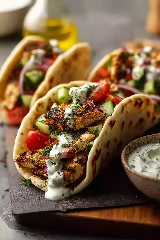 Mediterranean Chicken Tacos Recipe You’ll Love for Easy Meals 2 Mediterranean Chicken Tacos with grilled chicken, veggies, and tzatziki in soft pita