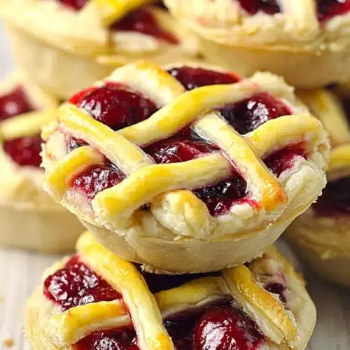 Mini cherry pies with flaky crust and glossy cherry filling stacked on a light surface