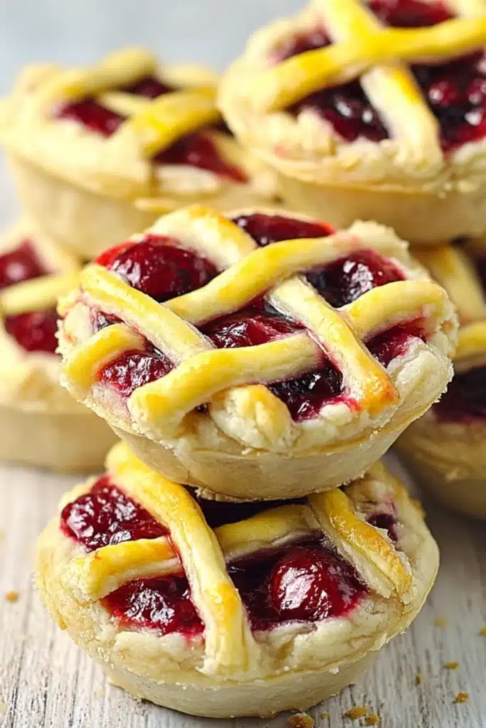 Mini cherry pies with flaky crust and glossy cherry filling stacked on a light surface