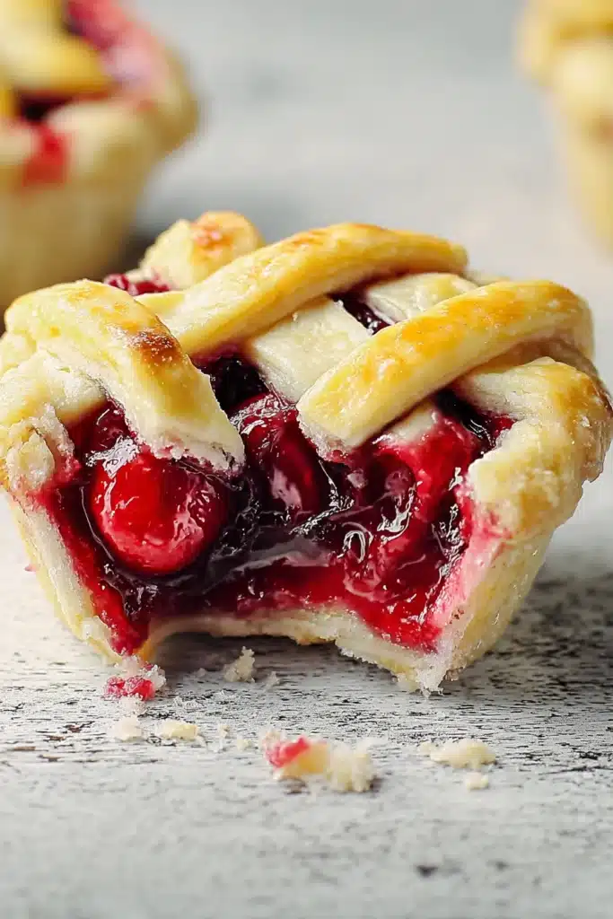 Mini Cherry Pies with flaky crust and gooey cherry filling close up