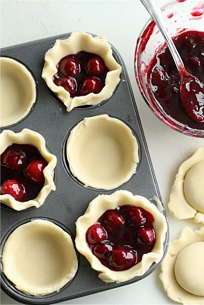Mini Cherry Pies being assembled in muffin tin with cherry filling