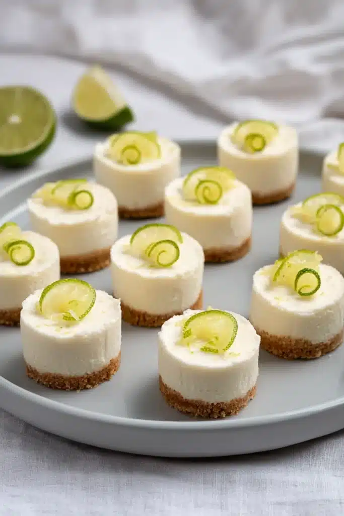 Mini Margarita Cheesecakes with lime slices on a plate