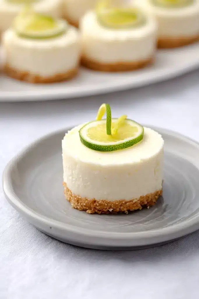 Mini Margarita Cheesecakes with lime garnish on dessert plate