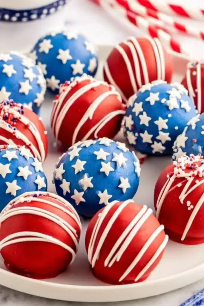 Patriotic Oreo Balls with red white blue coating and festive sprinkles