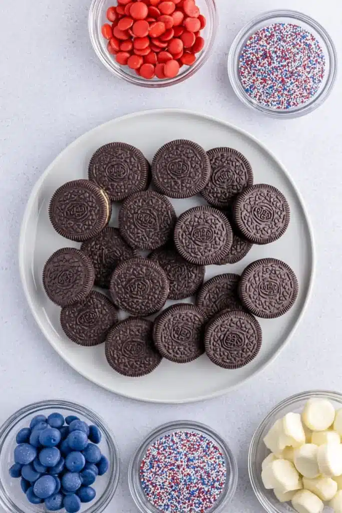 Patriotic Oreo Balls ingredients with Oreos and red white blue candy melts
