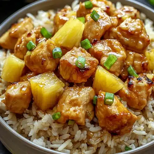 Pineapple chicken and rice with juicy chicken, fluffy rice, and fresh pineapple chunks