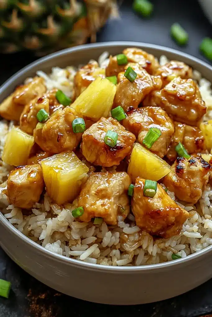 Pineapple chicken and rice with juicy chicken, fluffy rice, and fresh pineapple chunks