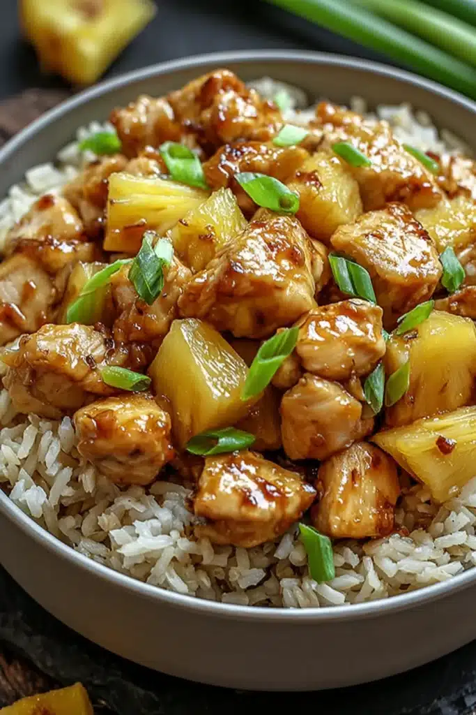 Pineapple chicken and rice with juicy chicken, fluffy rice, and fresh pineapple chunks