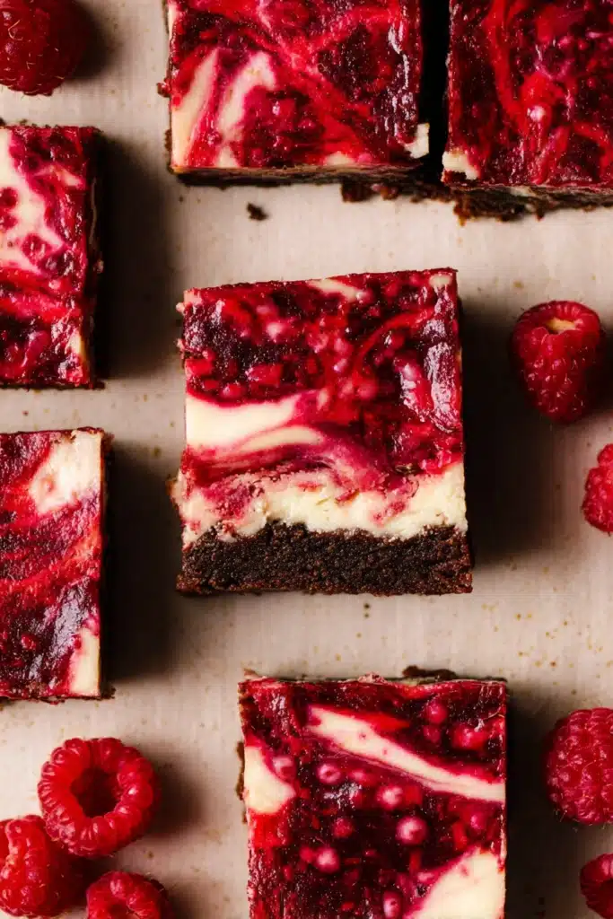 Raspberry Cheesecake Brownies 2 Raspberry Cheesecake Brownies squares with glossy raspberry swirl topping