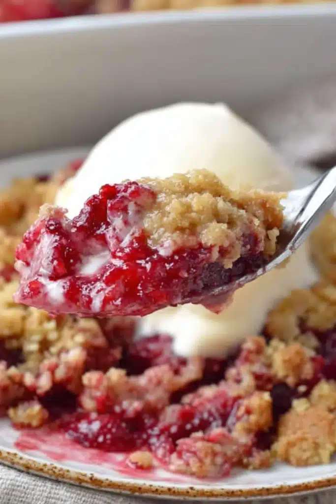 Raspberry Crumble spoonful with ice cream and juicy berry filling