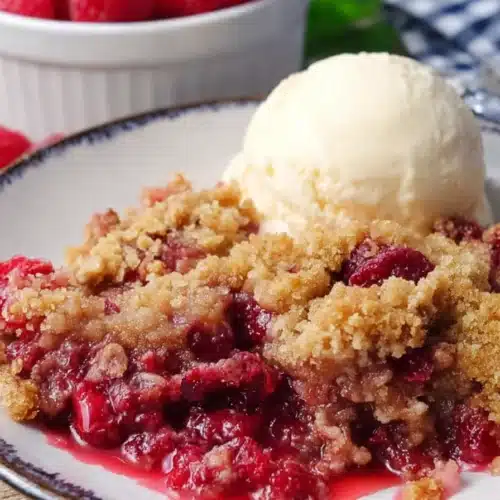 Raspberry crumble with vanilla ice cream on plate, juicy berries and crispy topping