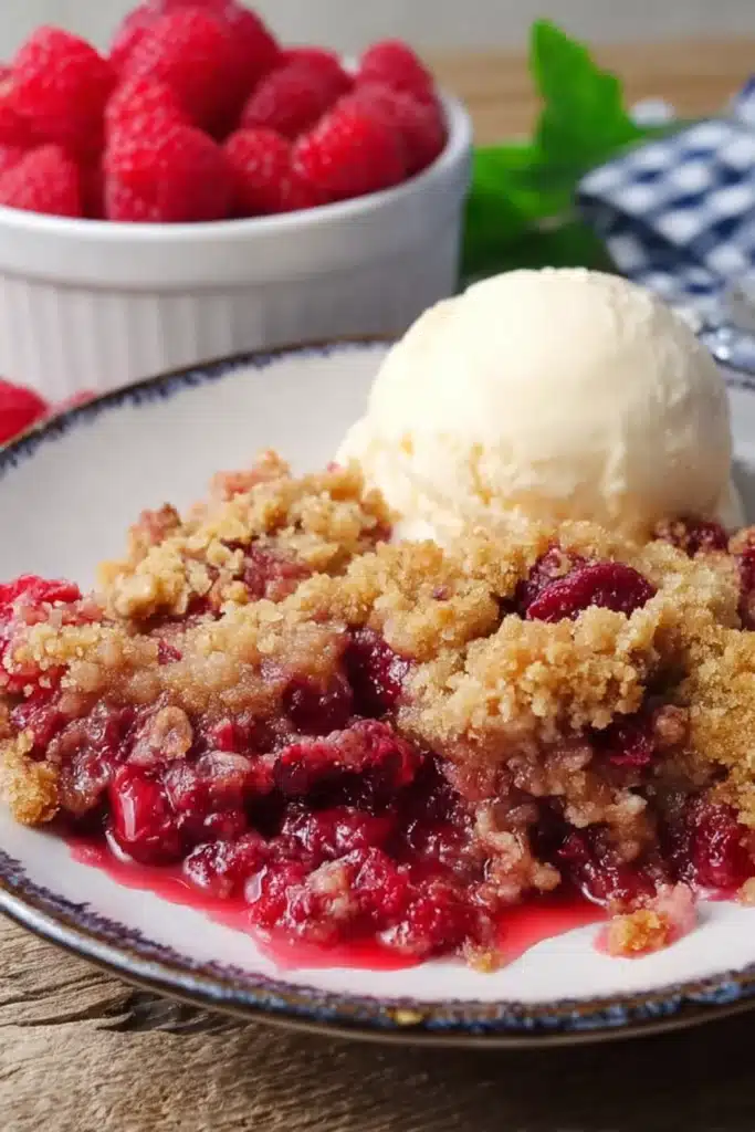 Raspberry crumble with vanilla ice cream on plate, juicy berries and crispy topping