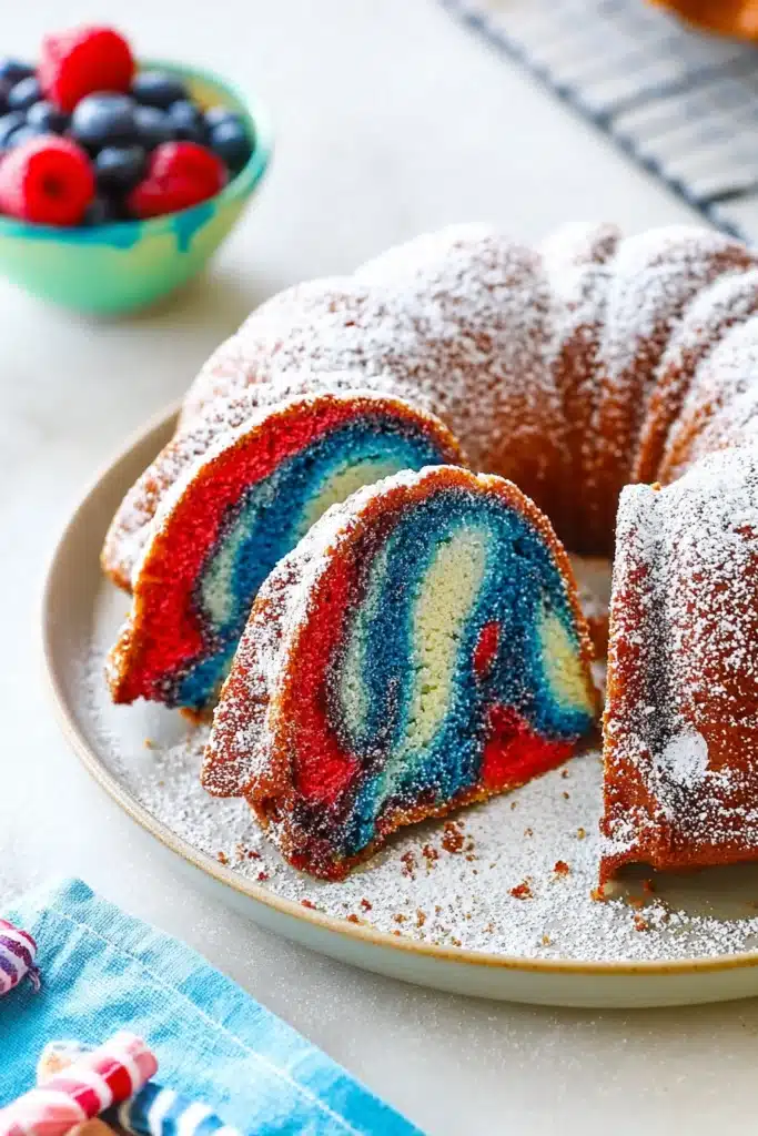 Red white and blue marble bundt cake slices with powdered sugar on plate