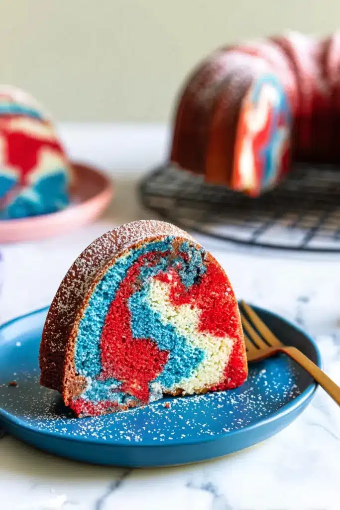 Red White And Blue Marble Cake slice with powdered sugar on blue plate
