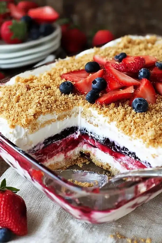 Red White & Blue Mixed Berry Yum Yum with crumb topping and berry layers