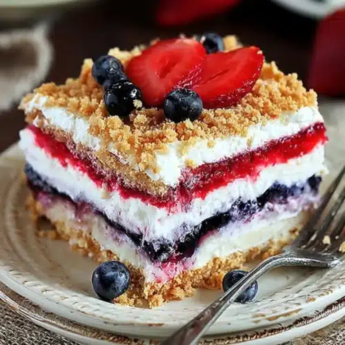 Red White & Blue Mixed Berry Yum Yum dessert with creamy layers and graham cracker crust