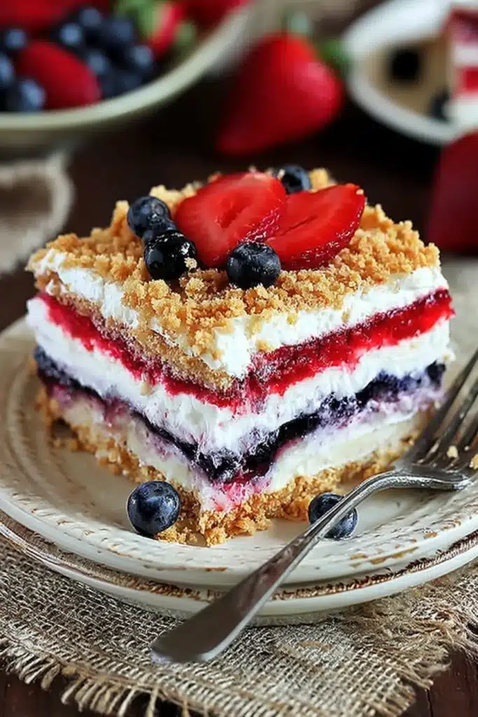 Red White & Blue Mixed Berry Yum Yum dessert with creamy layers and graham cracker crust