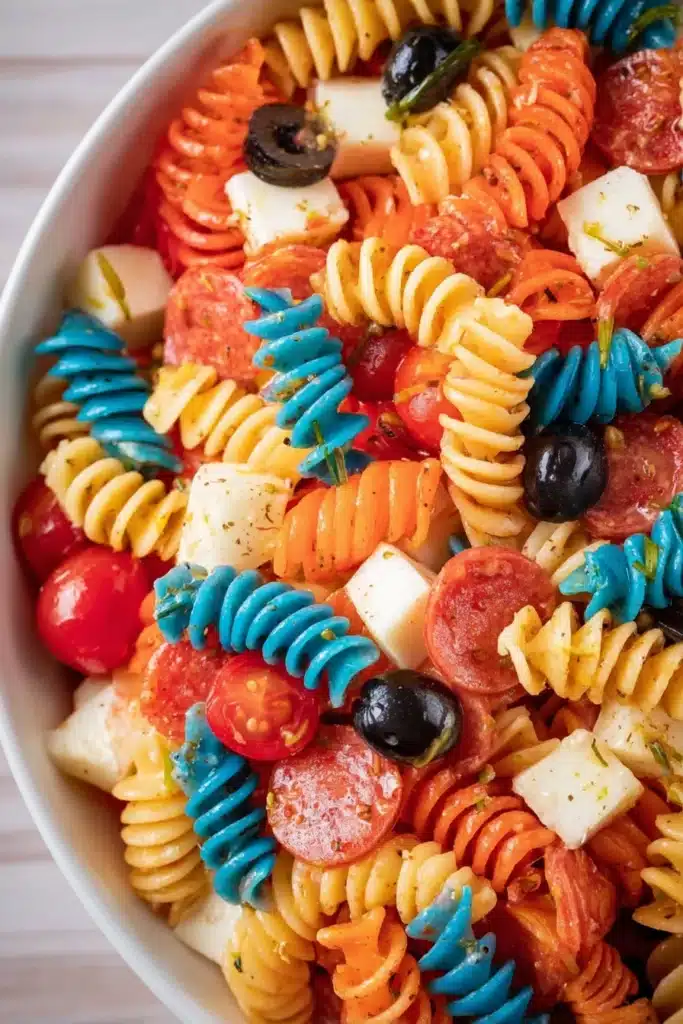 Close up of Red White and Blue Pasta Salad with mozzarella and pepperoni