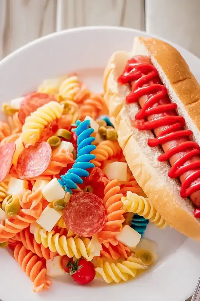 Red White and Blue Pasta Salad served with hot dog on plate