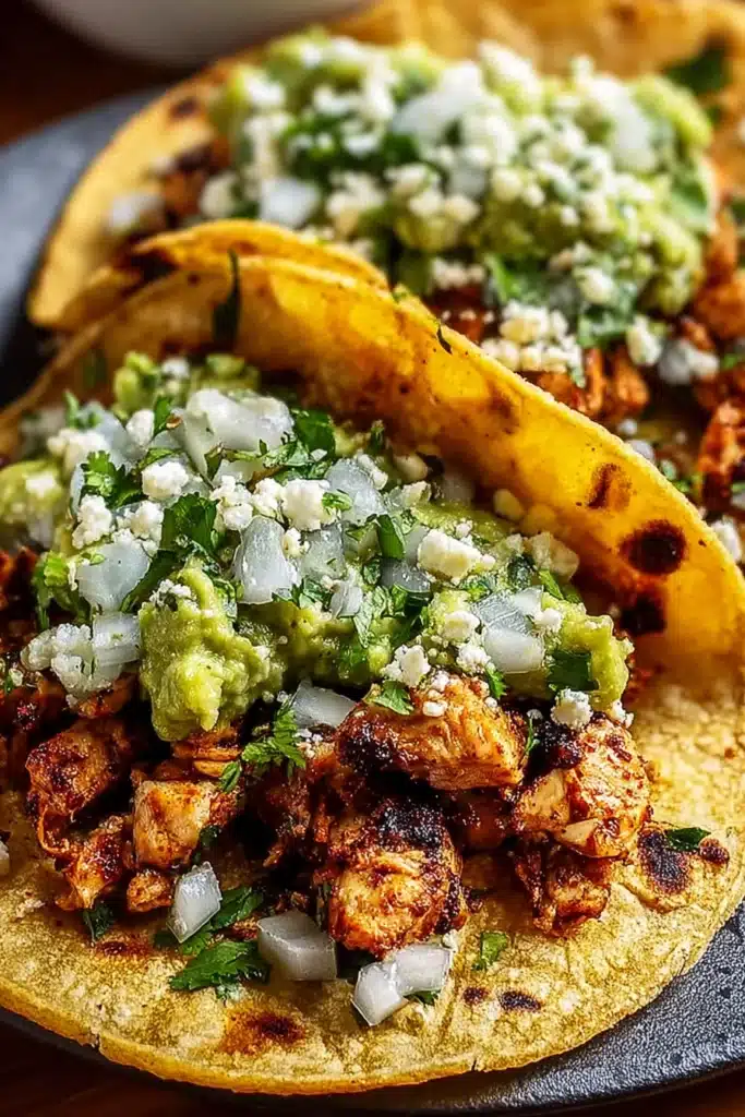 Chicken Street Tacos 2 Chicken street tacos with grilled chicken, guacamole, onion, and cilantro on corn tortillas
