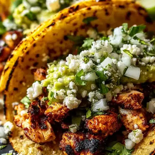 Chicken Street Tacos 4 Chicken street tacos with grilled chicken, guacamole, onion, and cilantro on corn tortillas