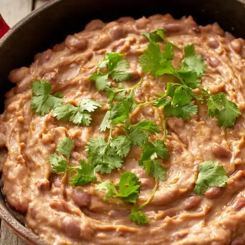 Creamy refried beans topped with cilantro in a rustic bowl with lime wedges