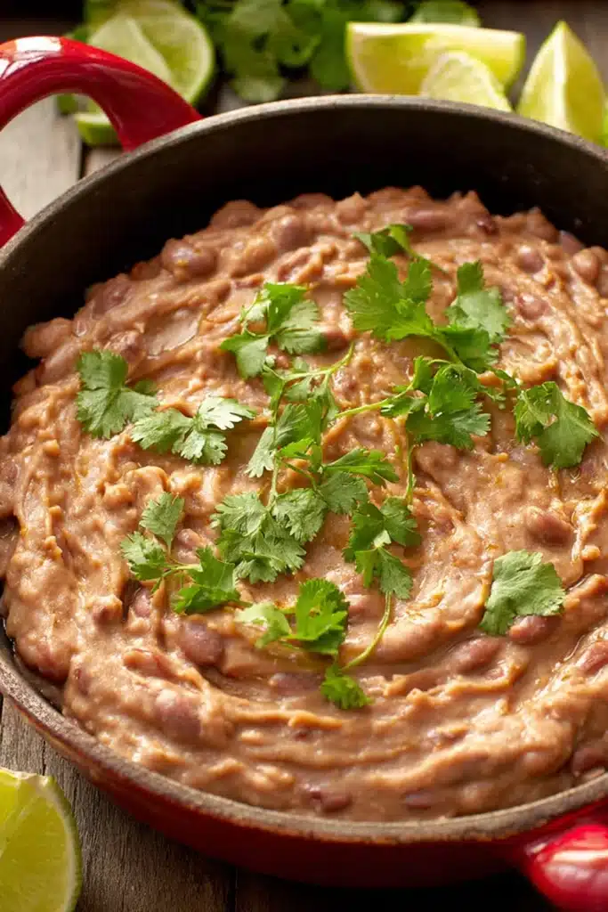 Creamy refried beans topped with cilantro in a rustic bowl with lime wedges