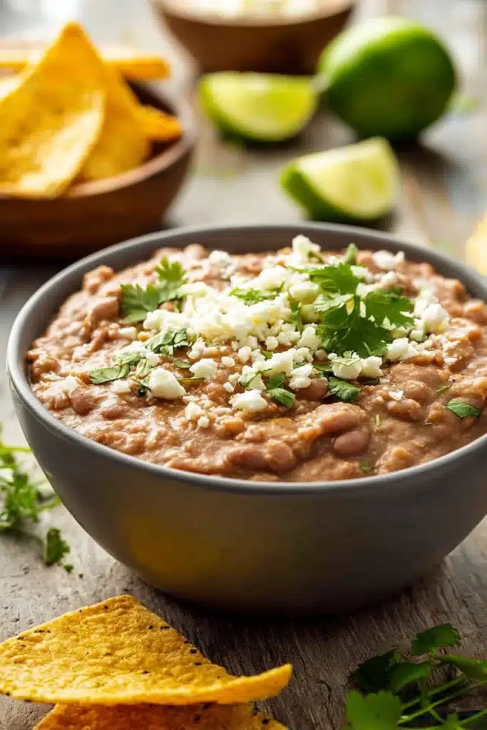 Refried beans with cheese and cilantro served with tortilla chips