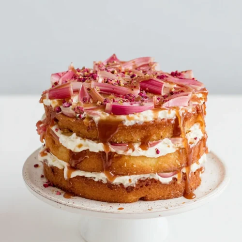 Rhubarb And Pistachio Caramel Layer Cake 3 Rhubarb and pistachio caramel layer cake with cream frosting and caramel drizzle