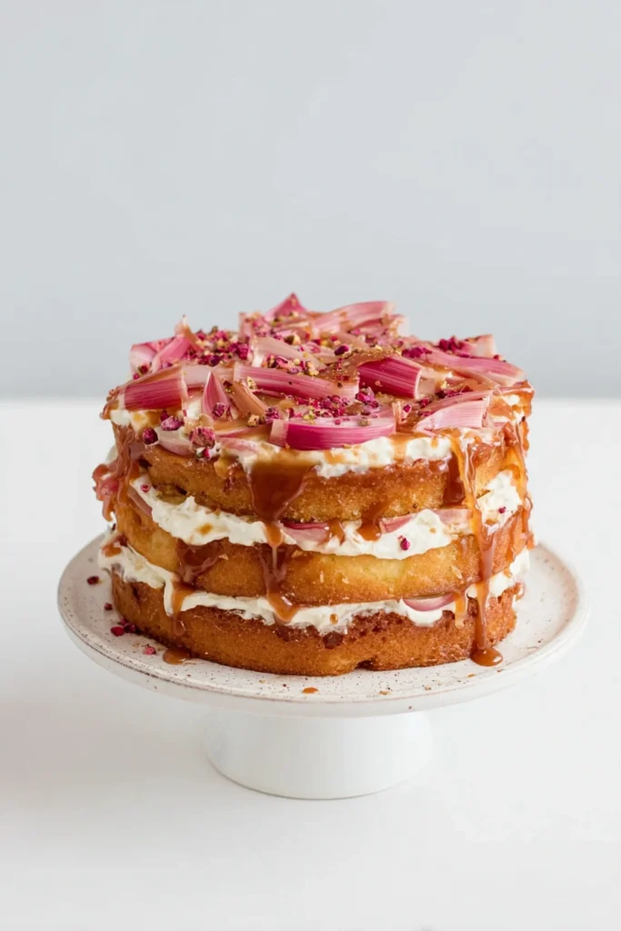 Rhubarb And Pistachio Caramel Layer Cake 1 Rhubarb and pistachio caramel layer cake with cream frosting and caramel drizzle