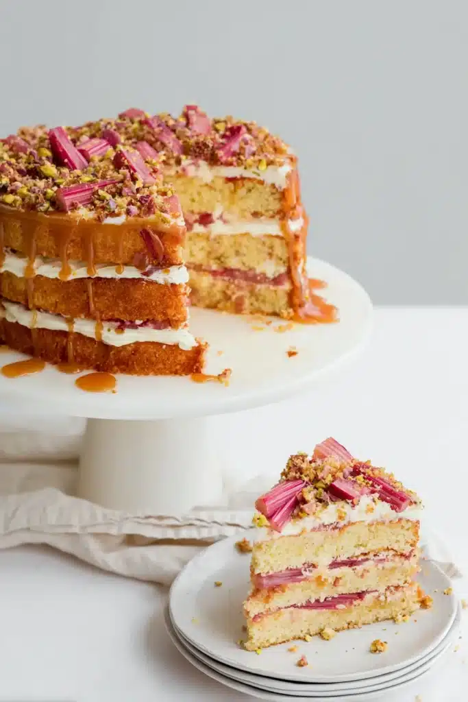 Rhubarb And Pistachio Caramel Layer Cake 2 Rhubarb And Pistachio Caramel Layer Cake sliced showing creamy layers and caramel drizzle