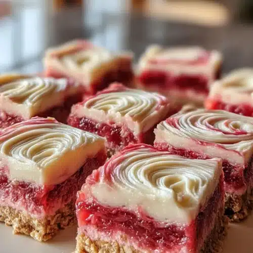 Rhubarb Bars with Cream Cheese 3 Rhubarb bars with cream cheese topping on a plate with buttery crust and vibrant fruit filling