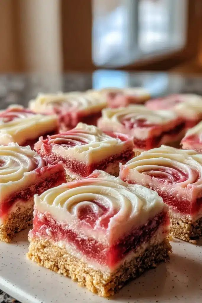 Rhubarb Bars with Cream Cheese 2 Rhubarb Bars with Cream Cheese showing creamy topping and glossy fruit layers