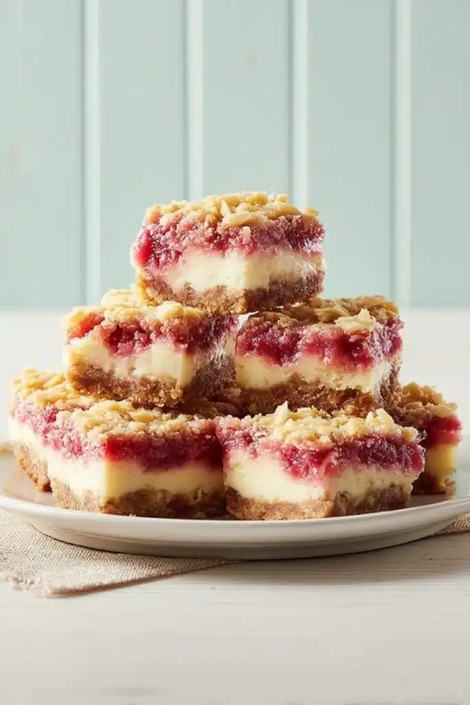Rhubarb Cheesecake Squares stacked with crumble topping on plate
