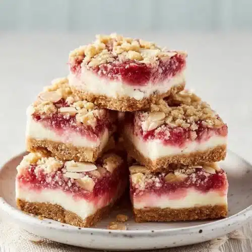 Rhubarb cheesecake squares with crumble topping stacked on a plate