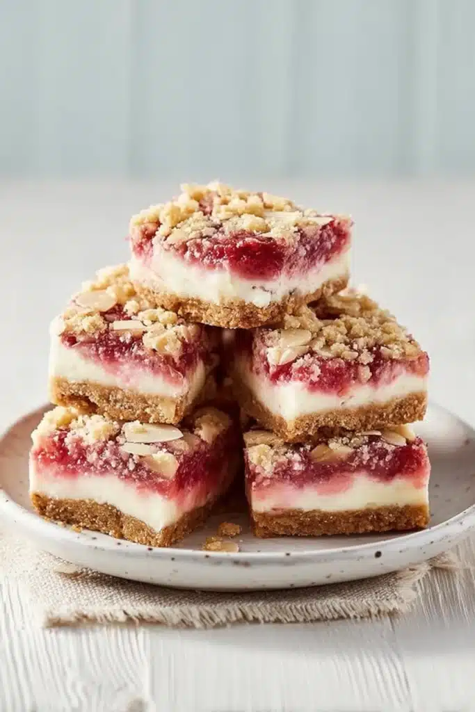 Rhubarb cheesecake squares with crumble topping stacked on a plate