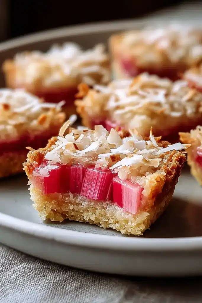 Rhubarb coconut macaroon tart with golden crust and pink rhubarb filling