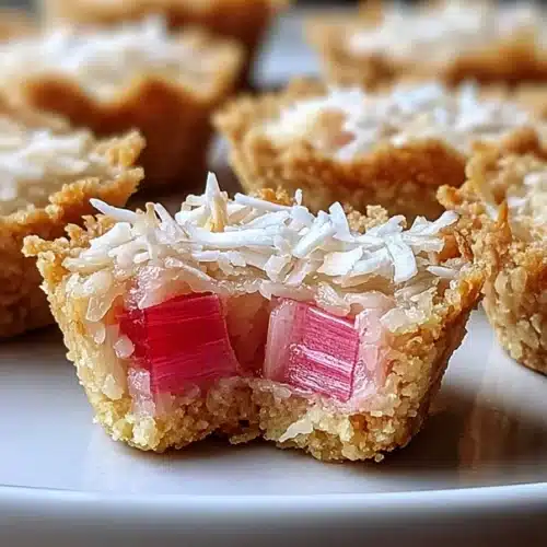 Rhubarb Coconut Macaroon Tarts with golden crust and pink rhubarb filling